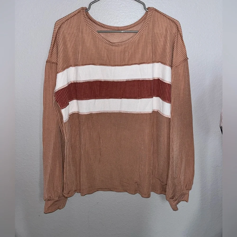 Brown/Red/White Ribbed Long-Sleeve Boutique Blouse - Picture 2 of 7